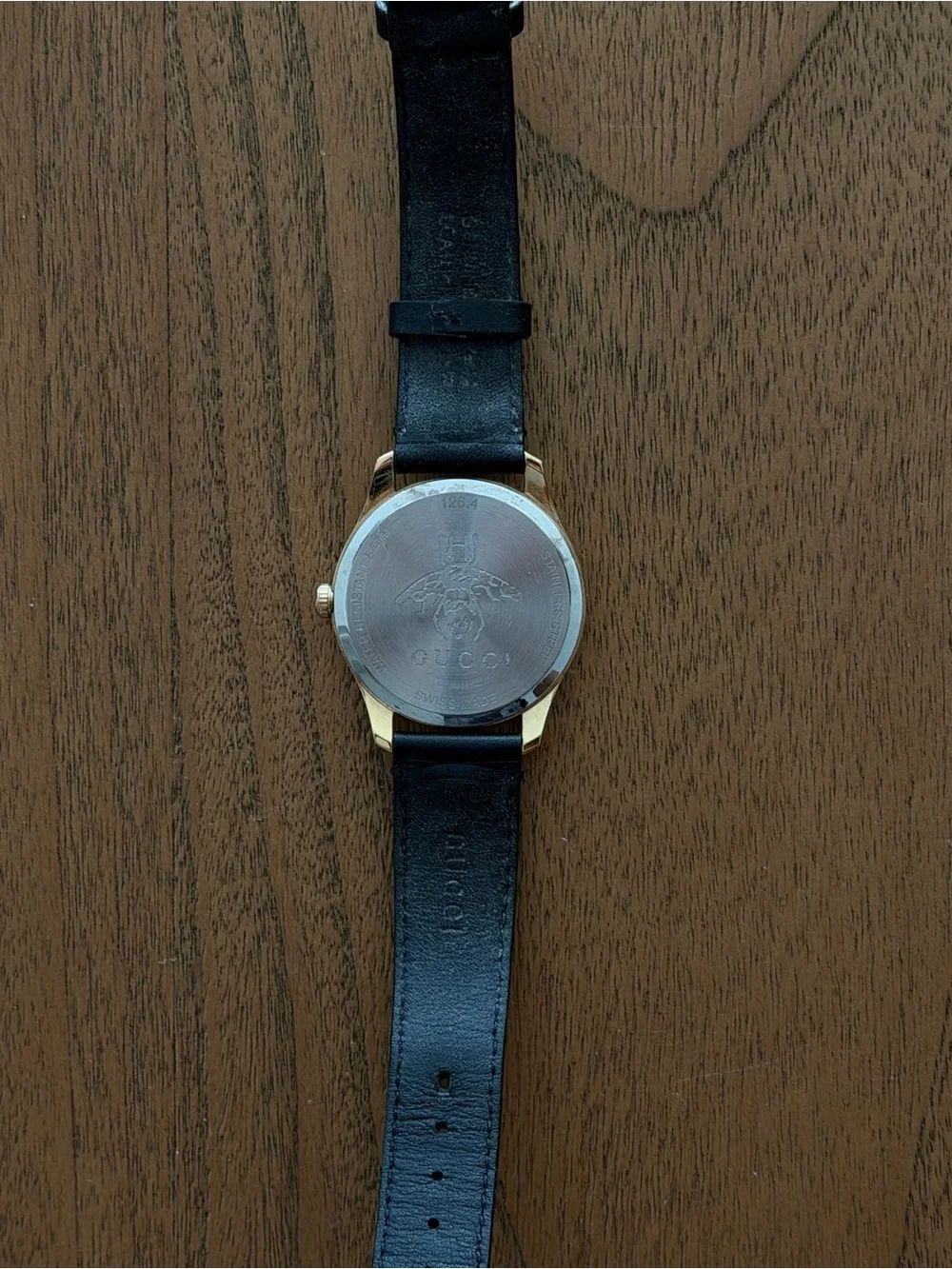 Gucci Black Leather Strap Gold-Tone Case Watch with Mother-of-Pearl Dial